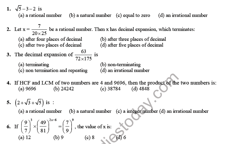 CBSE Class 10 Mathematics Real Numbers MCQs Set B Multiple Choice 